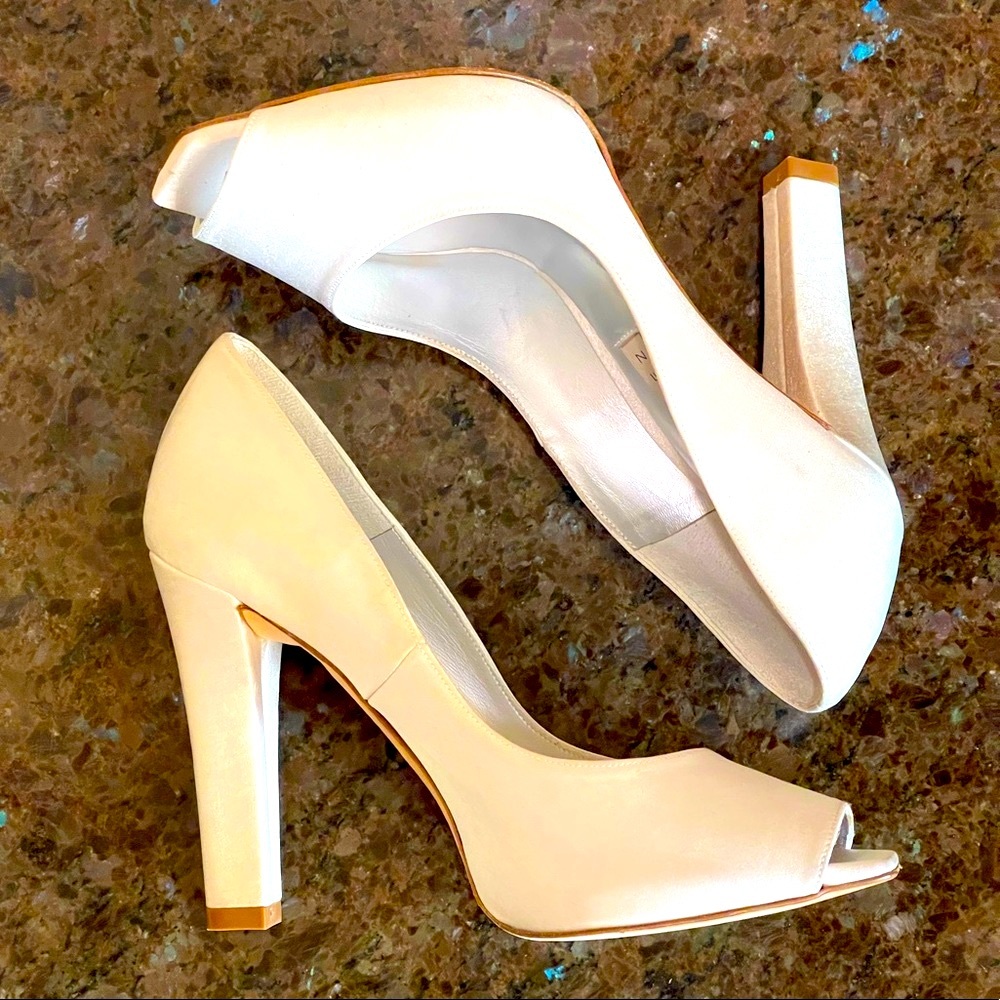 Anthropologie Pura Lopez white satin pumps